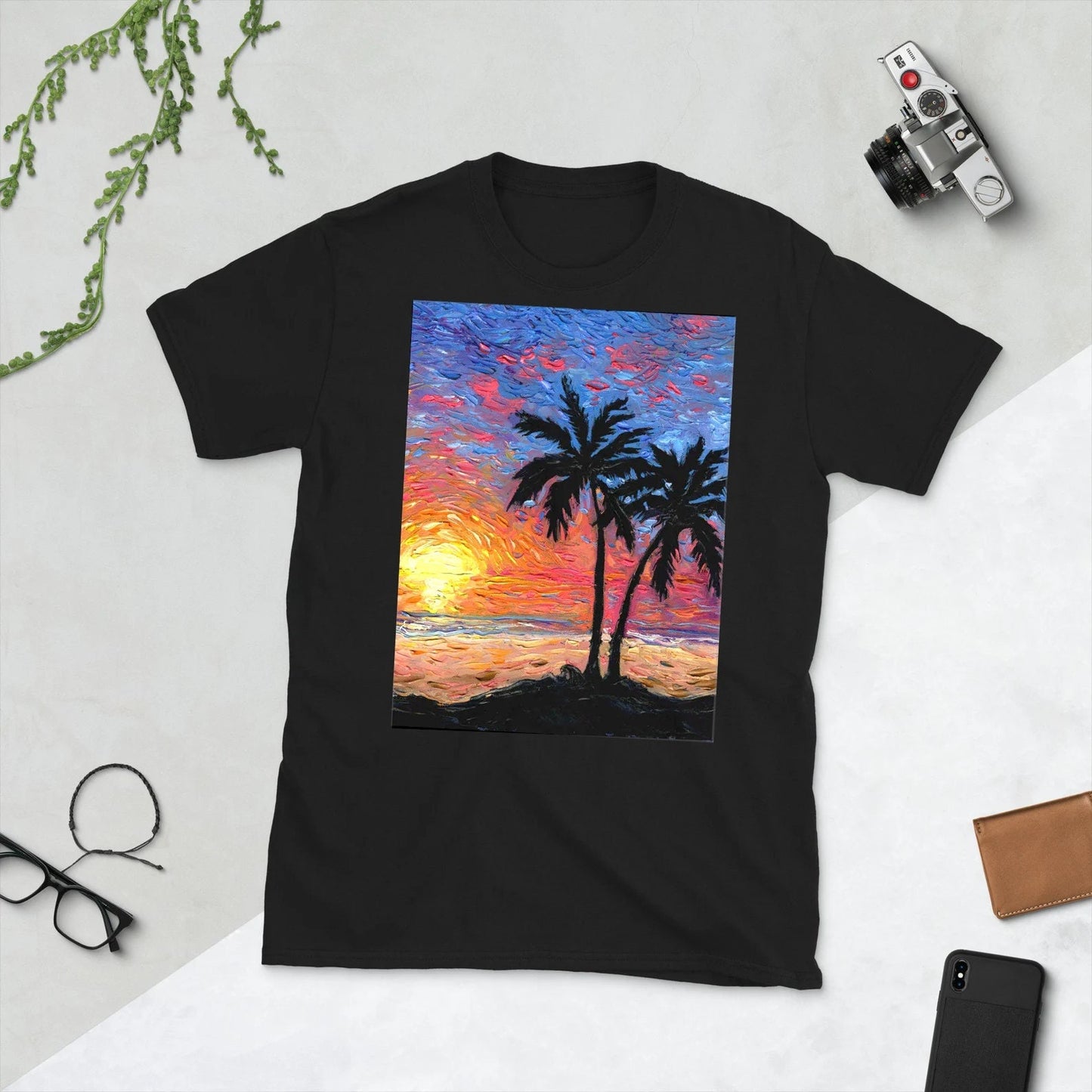 Shirt  Paradise at Dusk  Palm Trees Tropical Beach Sunset Ocean ShortSleeve Unisex TShirt Art by Aja Soft top clothing Artwork Apparel