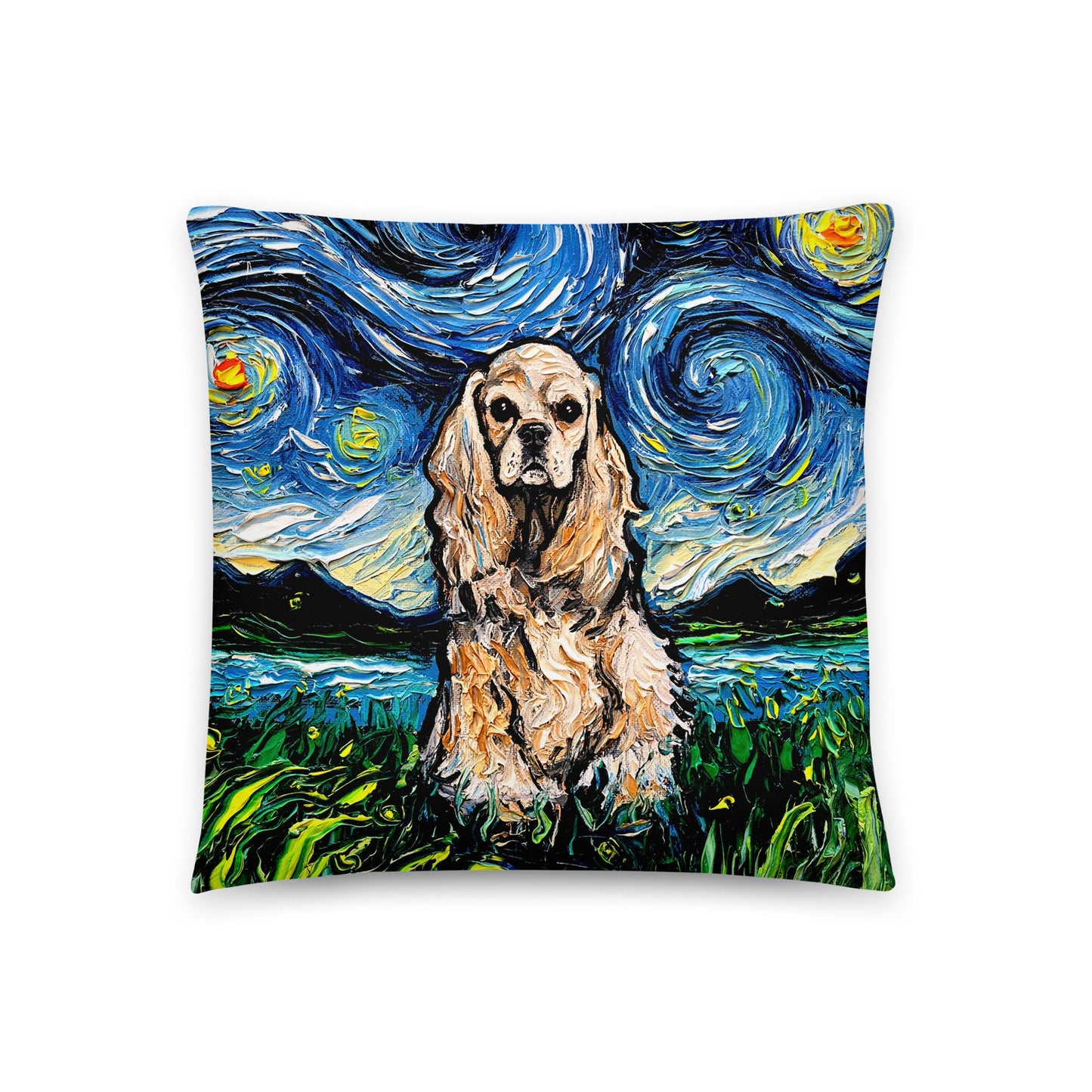 Basic Throw Pillow Buff American Cocker Spaniel Starry Night Dog Art by Aja 16x16 or 20x20 inches stuffed Accent pillow Decor