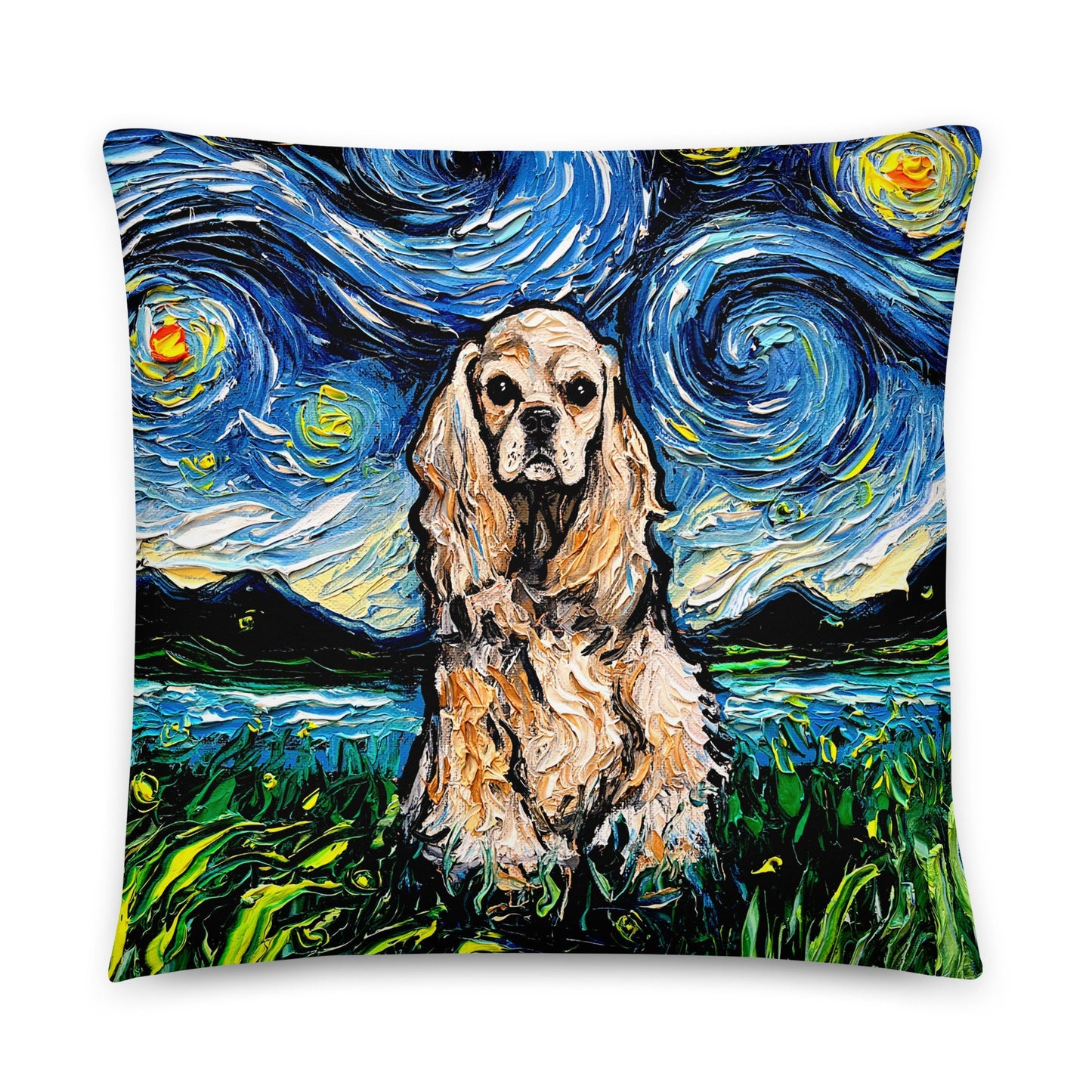 Basic Throw Pillow Buff American Cocker Spaniel Starry Night Dog Art by Aja 16x16 or 20x20 inches stuffed Accent pillow Decor