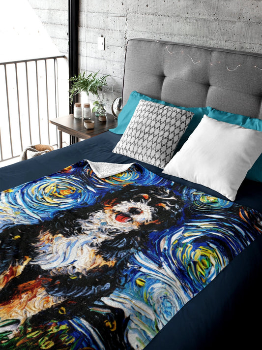 Velveteen Minky Blanket  Bernedoodle Starry Night Dog Art By Aja Home Decor Choose from 3 sizes Free US Shipping