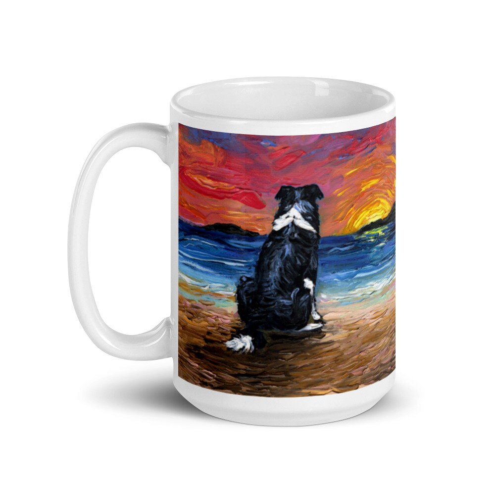 Beach Days  Border Collie Coffee Mug Dog Lover Ocean Coastal Sunset Art by Aja colorful ceramic cup Drinkware microwave and dishwasher safe