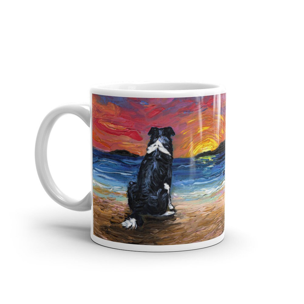 Beach Days  Border Collie Coffee Mug Dog Lover Ocean Coastal Sunset Art by Aja colorful ceramic cup Drinkware microwave and dishwasher safe