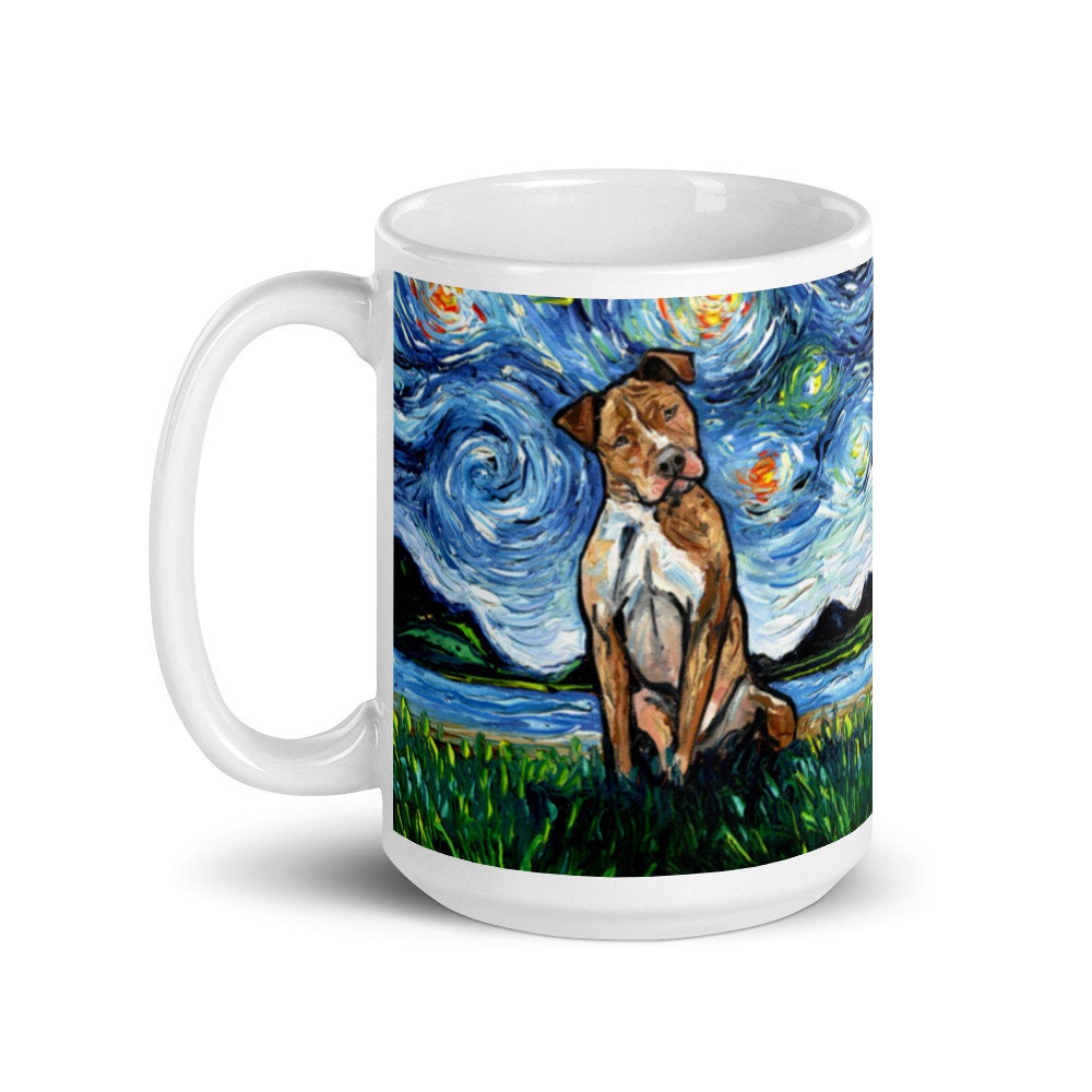 Brown Pitbull Coffee Mug Dog Lover Starry Night Art by Aja ceramic cup cute animal pet drinkware