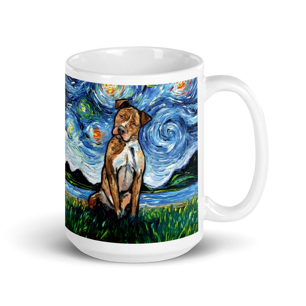 Brown Pitbull Coffee Mug Dog Lover Starry Night Art by Aja ceramic cup cute animal pet drinkware