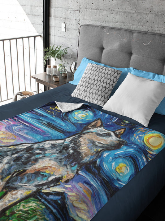 Velveteen Minky Blanket  Blue Heeler Australian Cattle Dog Starry Night Dog Art By Aja Home Decor Choose from 3 sizes Free US Shipping