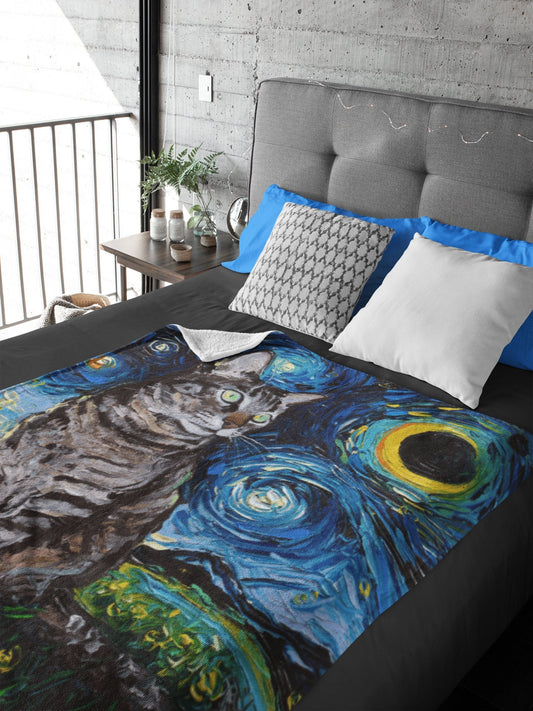 Velveteen Minky Blanket  Tabby Cat and Eclipse Moon Starry Night Art By Aja Home Decor Choose from 3 sizes Free US Shipping