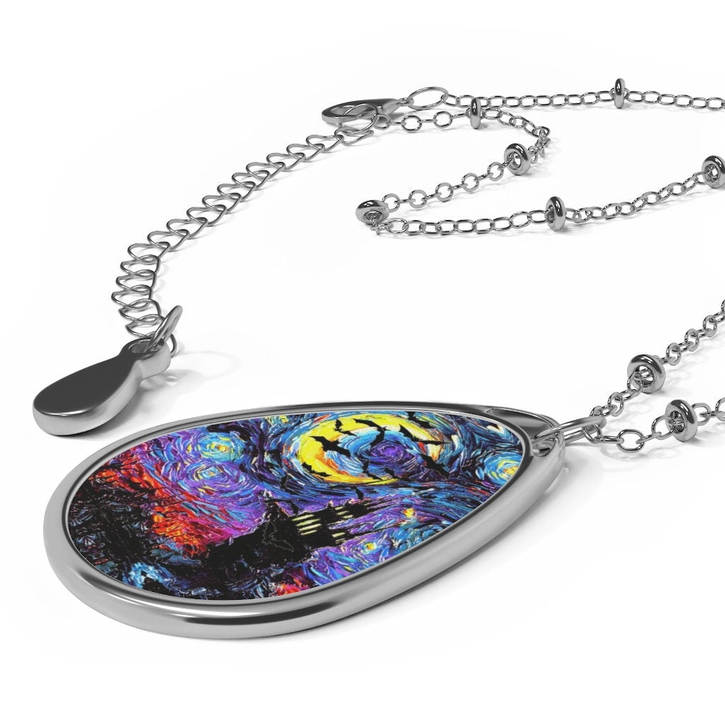Transylvanian Starry Night Goth Gothic 1.5x1 Oval Pendant on 20.47 Chain Necklace Hypoallergenic Jewelry Featuring Halloween Art by Aja