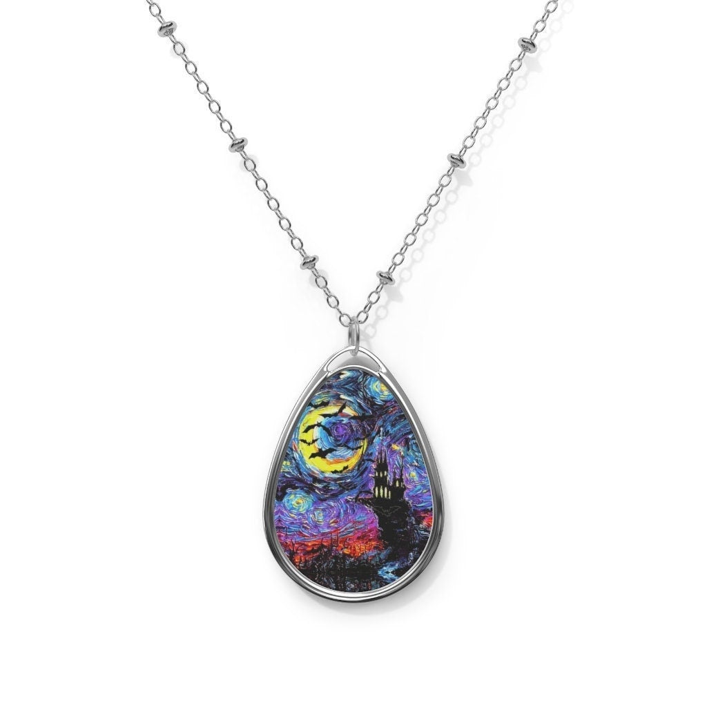 Transylvanian Starry Night Goth Gothic 1.5x1 Oval Pendant on 20.47 Chain Necklace Hypoallergenic Jewelry Featuring Halloween Art by Aja