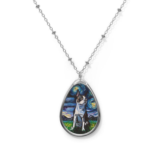 Boston Terrier Dog Necklace Starry Night Pendant 1.5x1 inch Oval on 20.47 inch Chain Pet Memorial Jewelry Dog Lover Gift Idea Art Necklace