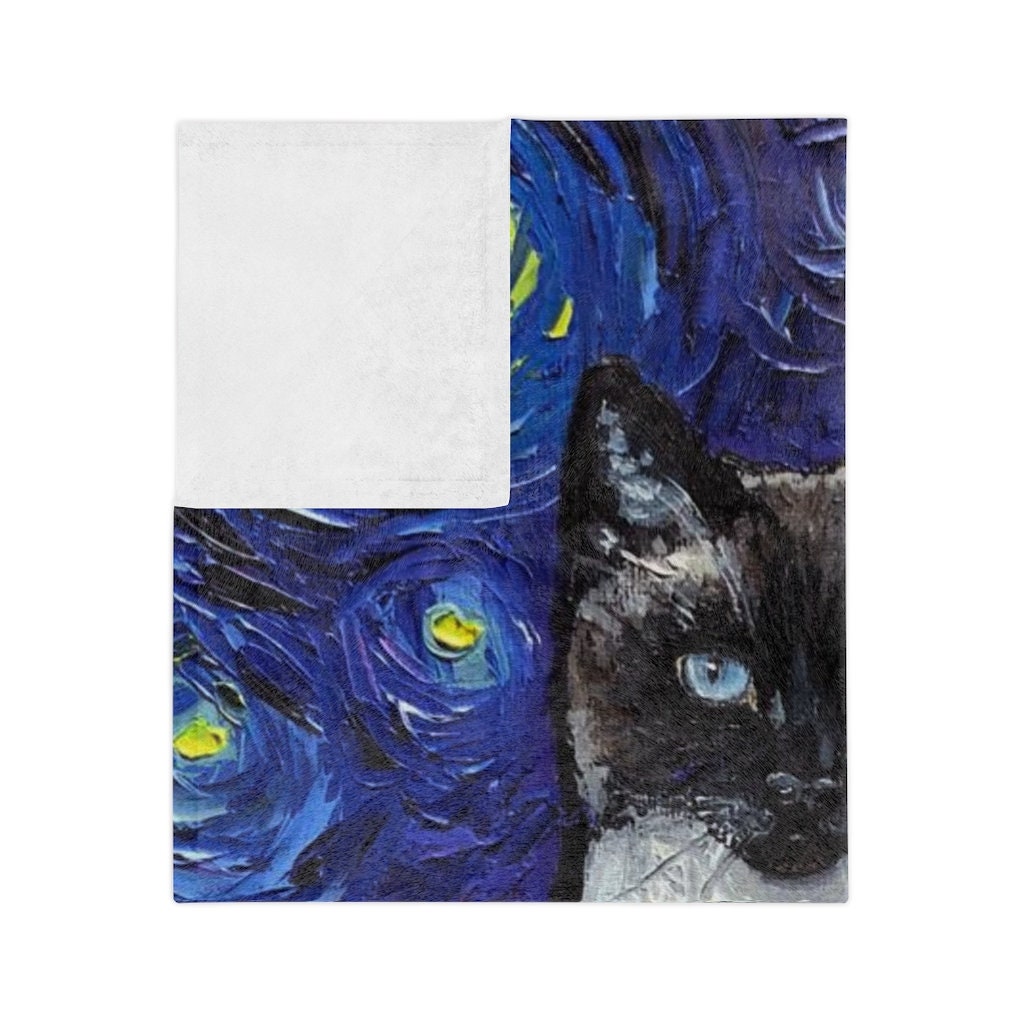 Velveteen Minky Blanket Siamese cat and Moon Starry Night Throw