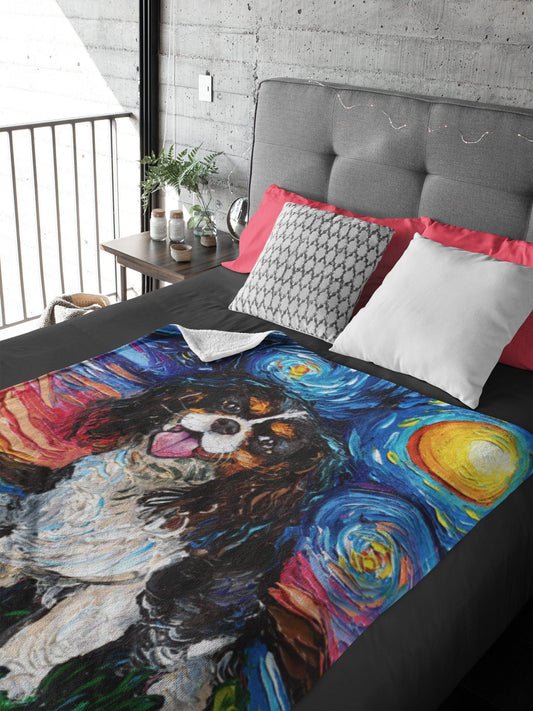 Velveteen Minky Blanket Tri Color Cavalier King Charles Spaniel Starry Night Dog Art Throw