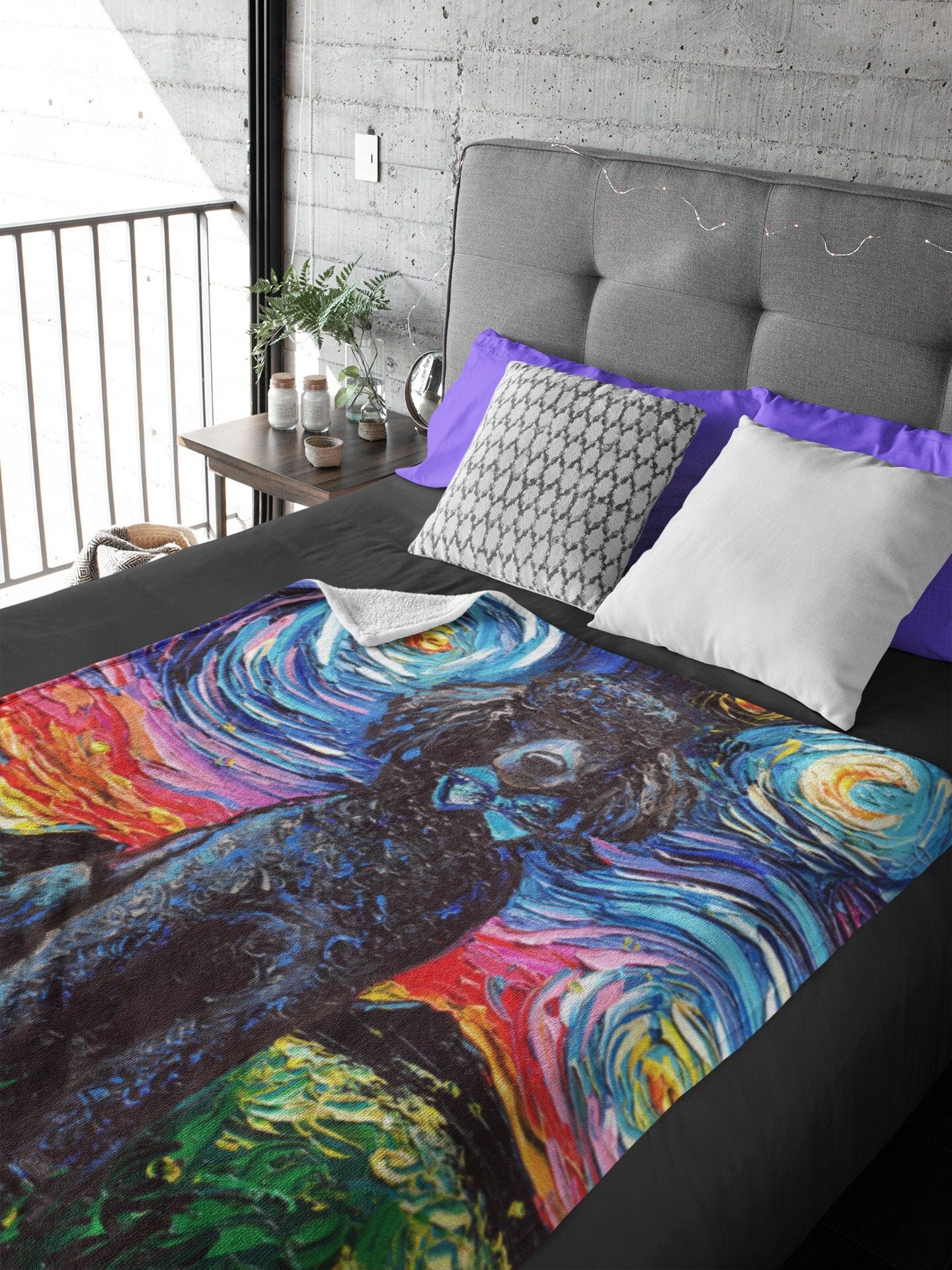 Velveteen Minky Blanket Black Standard Poodle Starry Night Dog Throw