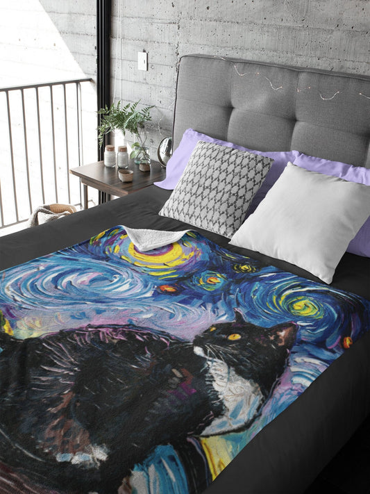 Velveteen Minky Blanket  Tuxedo Cat at the Beach Starry Night Art By Aja Home Decor Choose from 3 sizes Free US Shipping