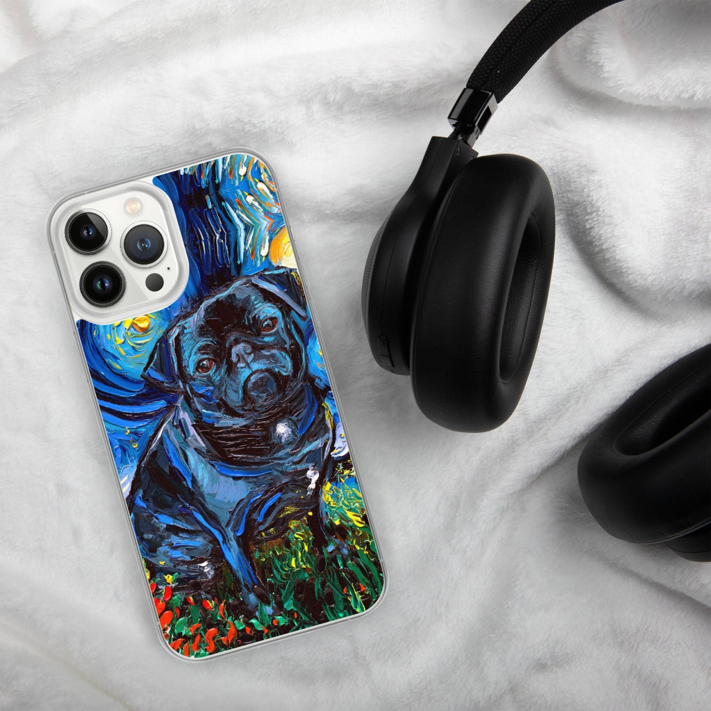 Black Pug Night iPhone Case Dog Lover Phone Protector Starry Night Art by Aja