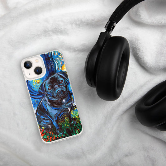 Black Pug Night iPhone Case Dog Lover Phone Protector Starry Night Art by Aja
