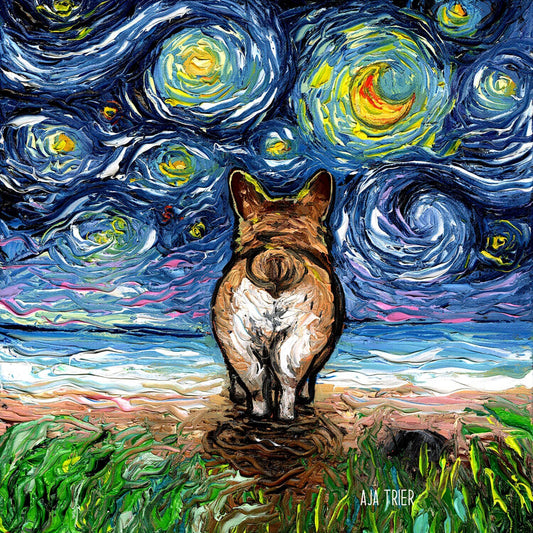 Corgi Butt on the Beach Art Starry Night Art Print by Aja choose size and type of paper pup puppy pittie animal pet wall decor