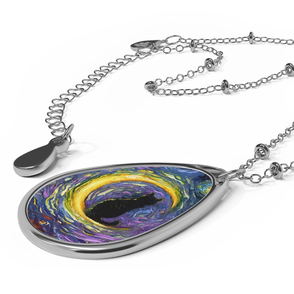 Luna Black Cat Crescent Moon Starry Night 1.5x1inch Oval Pendant on 20.47 inch Chain Necklace Jewelry Featuring Art by Aja