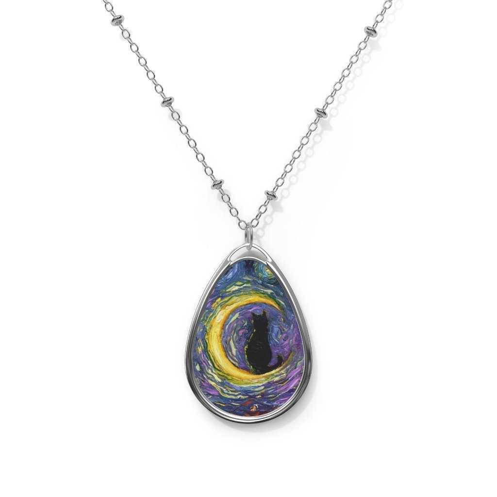 Luna Black Cat Crescent Moon Starry Night 1.5x1inch Oval Pendant on 20.47 inch Chain Necklace Jewelry Featuring Art by Aja
