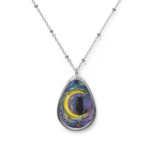 Luna Black Cat Crescent Moon Starry Night 1.5x1inch Oval Pendant on 20.47 inch Chain Necklace Jewelry Featuring Art by Aja