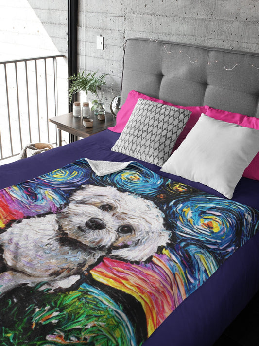 Velveteen Minky Blanket  Maltipoo Maltese Poodle Starry Night Dog Art By Aja Home Decor Choose from 3 sizes Free US Shipping