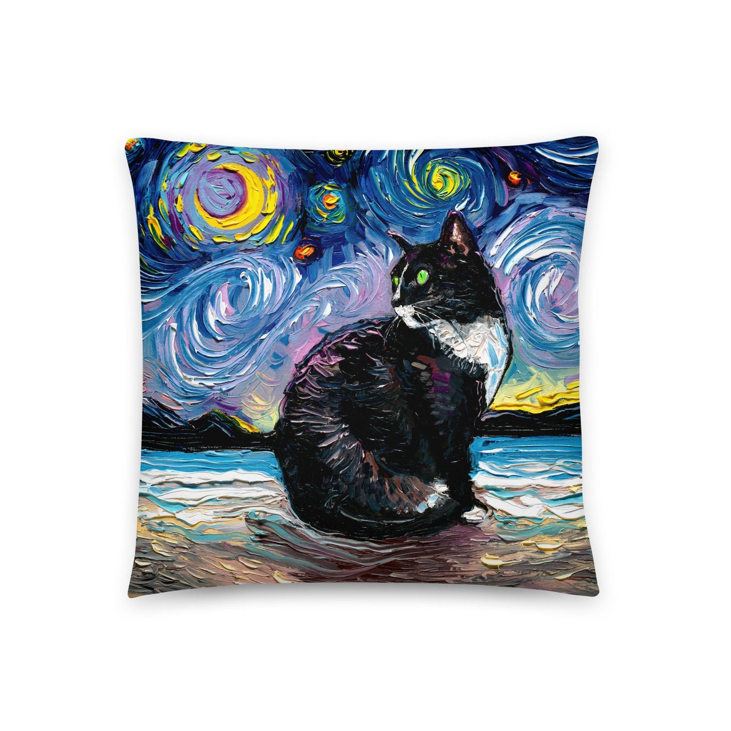 Green Eyed White Nose Tuxedo Cat on Beach Starry Night Basic Throw Pillow Art by Aja comes with insert stuffed home decor accent pillow