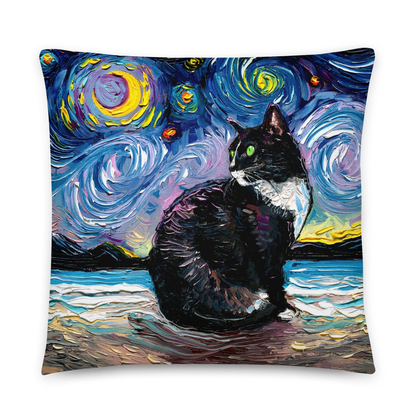 Green Eyed White Nose Tuxedo Cat on Beach Starry Night Basic Throw Pillow Art by Aja comes with insert stuffed home decor accent pillow