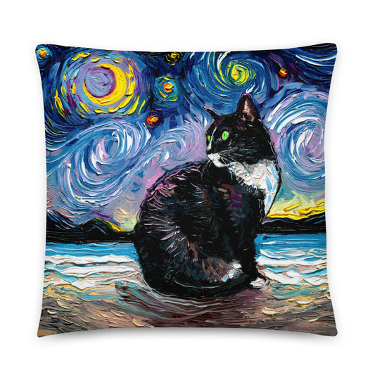 Green Eyed White Nose Tuxedo Cat on Beach Starry Night Basic Throw Pillow Art by Aja comes with insert stuffed home decor accent pillow