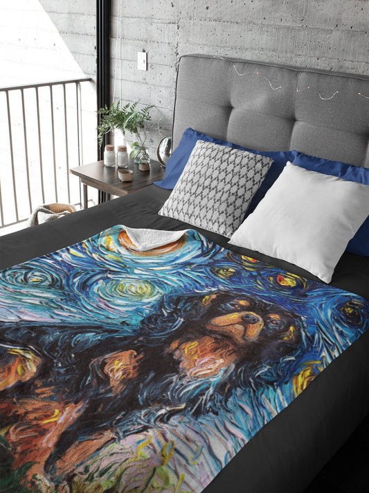 Velveteen Minky Blanket Black and Tan Cavalier King Charles Spaniel Starry Night Dog Throw