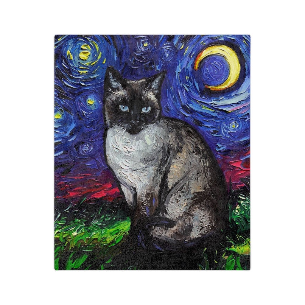 Velveteen Minky Blanket Siamese cat and Moon Starry Night Throw