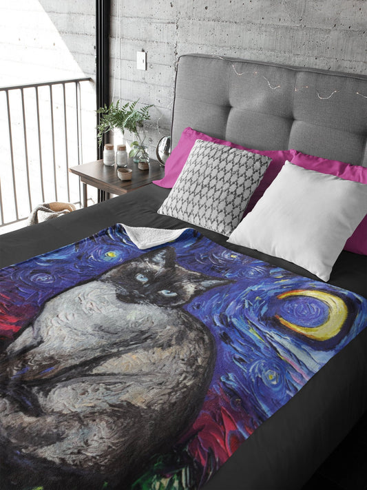 Velveteen Minky Blanket Siamese cat and Moon Starry Night Throw