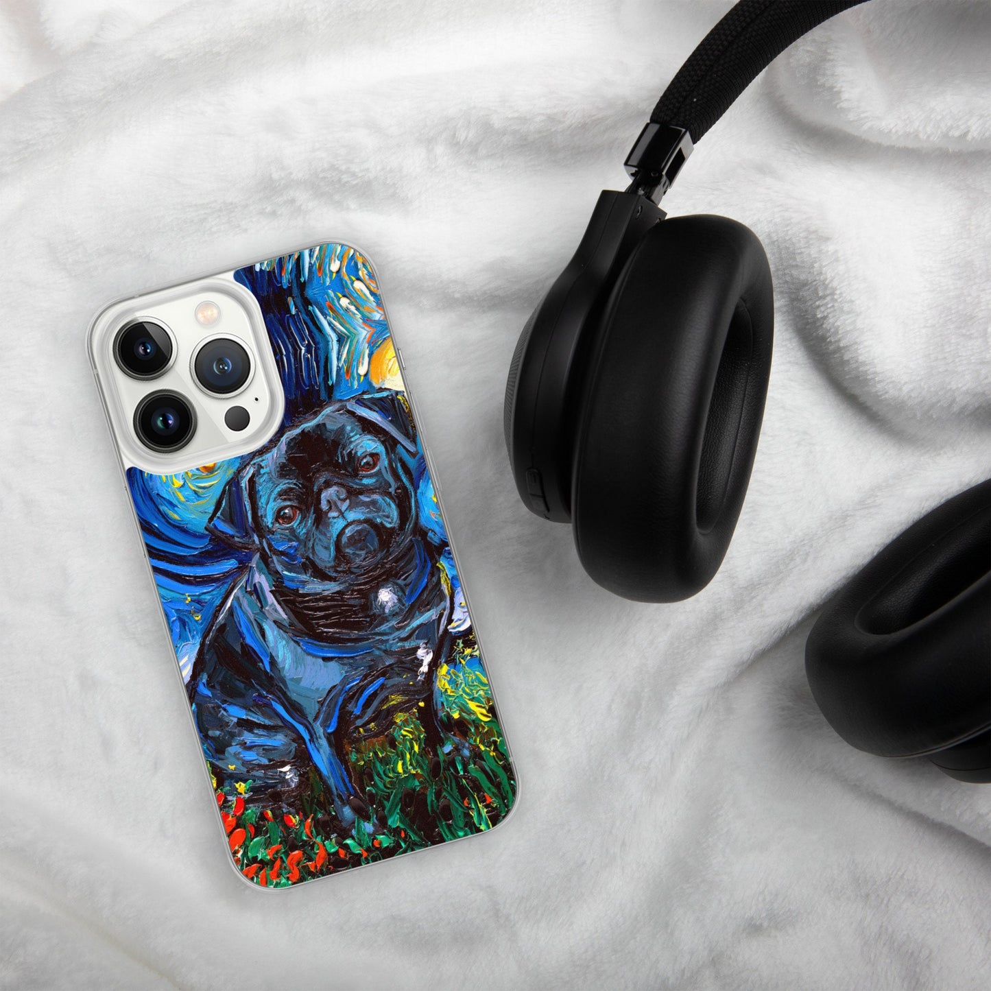 Black Pug Night iPhone Case Dog Lover Phone Protector Starry Night Art by Aja