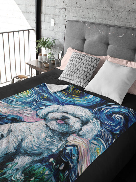 Velveteen Minky Blanket  Bichon Frise Starry Night Dog Art By Aja Home Decor Choose from 3 sizes Free US Shipping