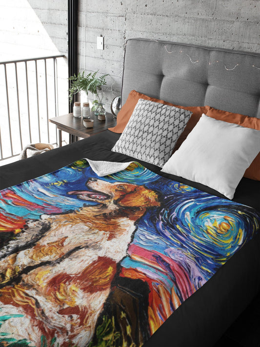 Velveteen Minky Blanket Brittany Spaniel Starry Night Dog Art Throw