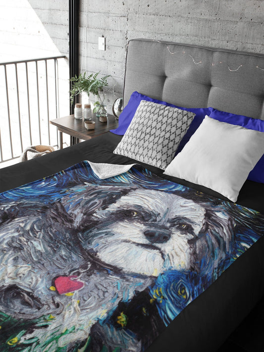 Velveteen Minky Blanket  Gray Pomapoo Starry Night Dog Art By Aja Home Decor Choose from 3 sizes Free US Shipping
