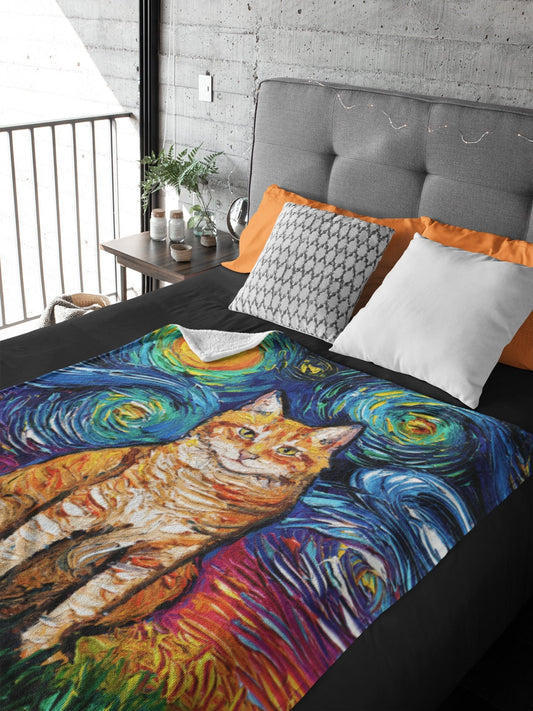Velveteen Minky Blanket Seated Orange Tabby Starry Night Cat Art Throw