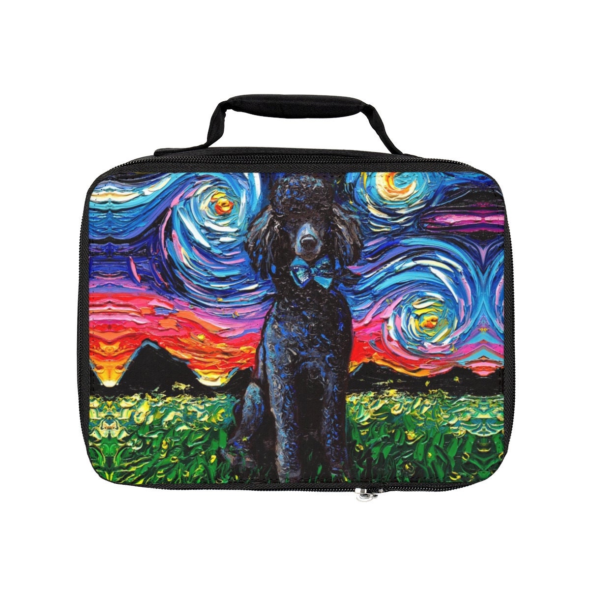 Lunch Bag  Black Standard Poodle Starry Night Dog 9.5x7x2.8 inches Art by Aja