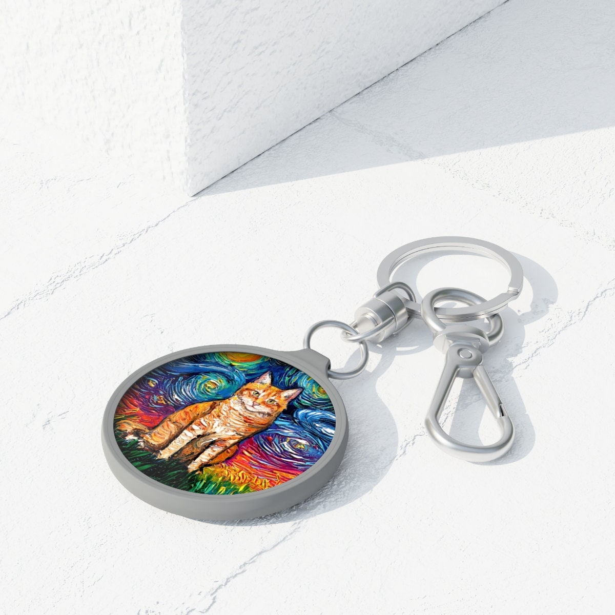 Keychain - Seated Orange Tabby Cat Starry Night Key Chain Key ring tag, School Bag Tag Tiger Cat Charm Art by Aja