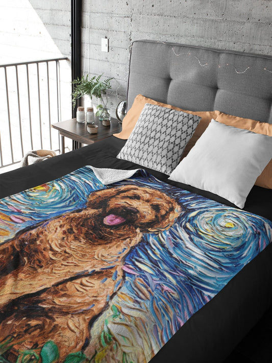 Velveteen Minky Blanket  Apricot Goldendoodle Starry Night Dog Art By Aja Home Decor Choose from 3 sizes Free US Shipping