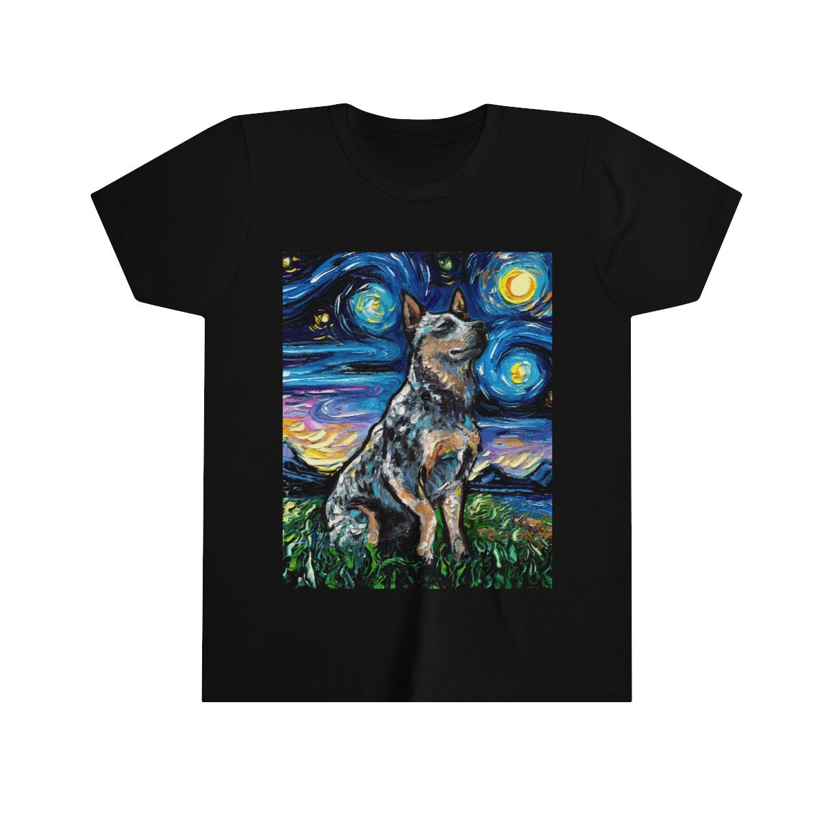 Childs Short Sleeve Shirt Blue Heeler Youth Tee Starry Night Kids TShirt Australian Cattle Dog Art Clothing Colorful Pet Children's Apparel