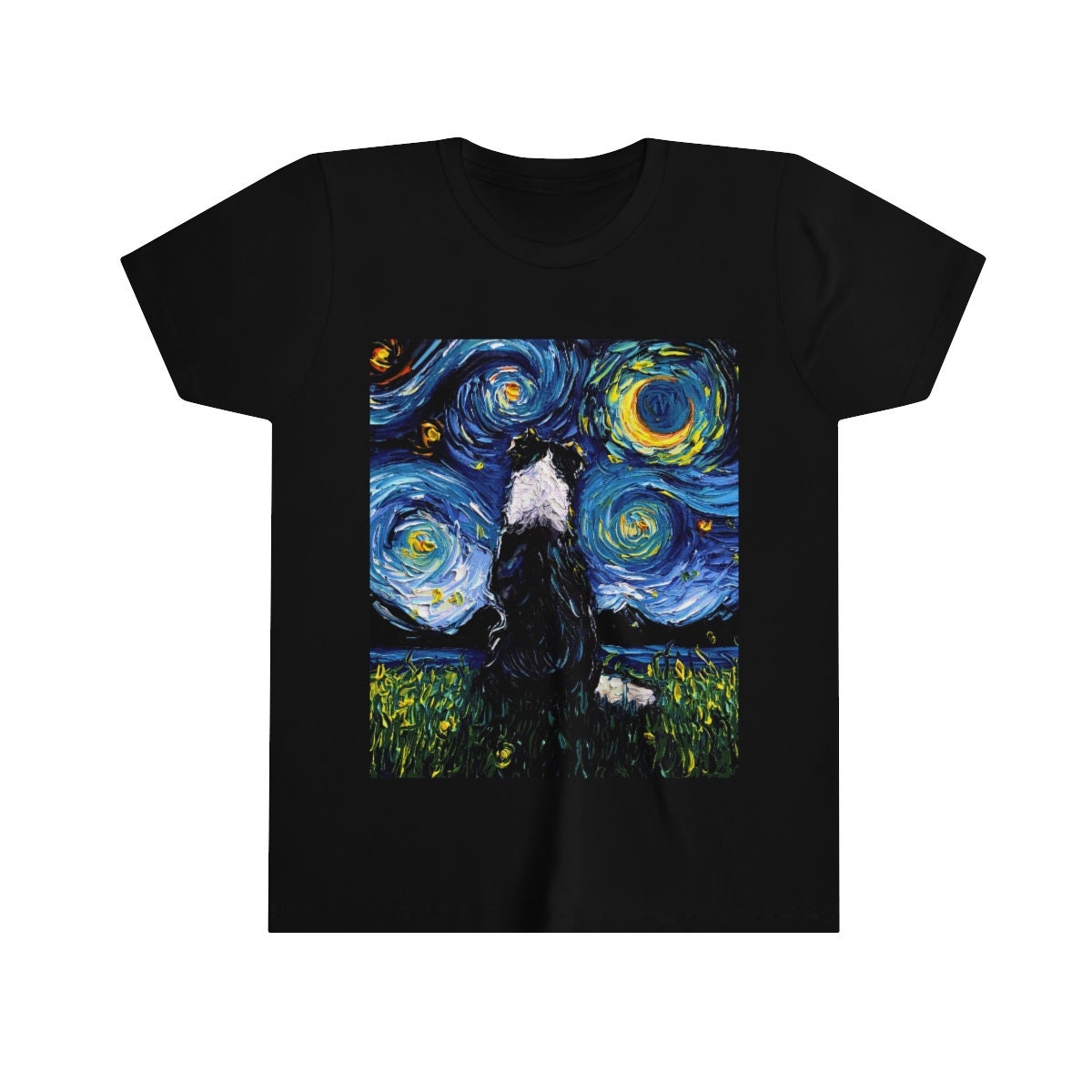 Kids Short Sleeve Shirt Border Collie Youth Tee Starry Night Childs TShirt Dog Art Clothing Colorful Pet Children's Apparel Dog Lover Gift