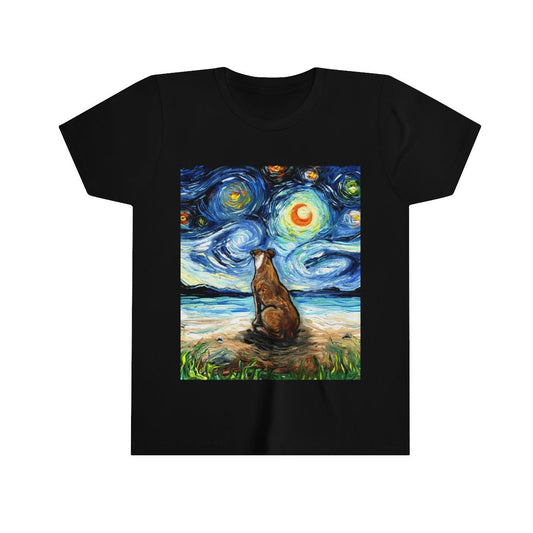 Youth Short Sleeve Tee  Brown Pitbull at the Beach Starry Night Dog Kids Child ShortSleeve Art by Aja Soft top clothing Artwork Apparel