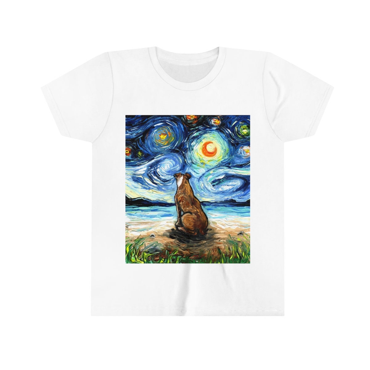 Youth Short Sleeve Tee  Brown Pitbull at the Beach Starry Night Dog Kids Child ShortSleeve Art by Aja Soft top clothing Artwork Apparel