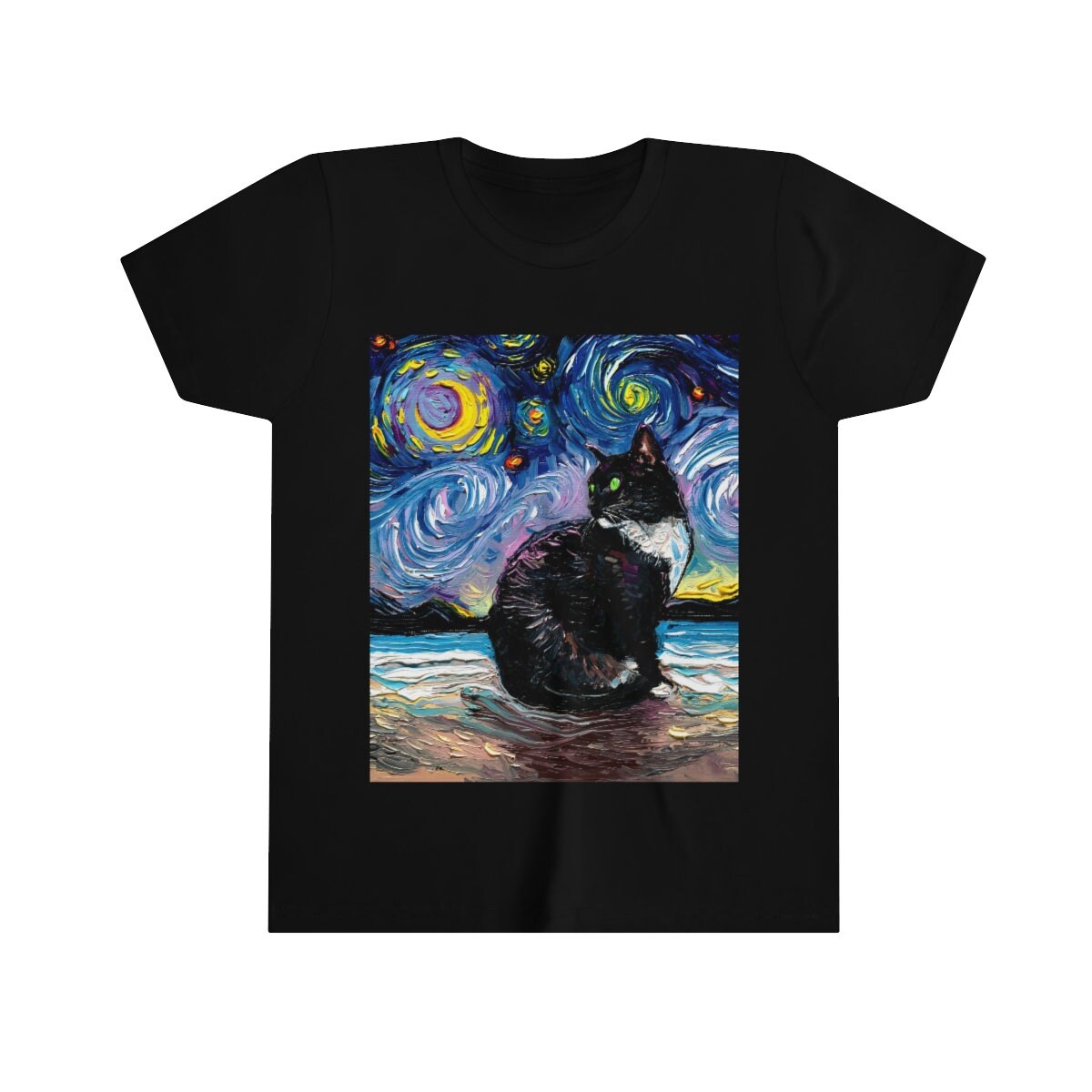 Kids Short Sleeve Shirt Tuxedo Cat with Green Eyes Youth Tee Starry Night Childs TShirt Cat Art Clothing Colorful Pet Children's Apparel