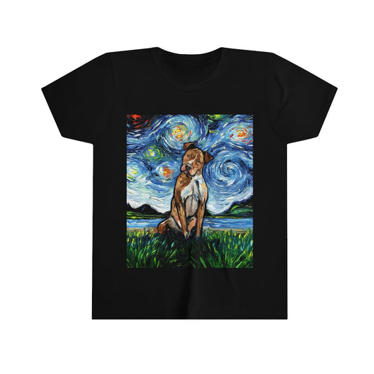 Youth Short Sleeve Tee  Brown Pitbull Starry Night Dog Kids Child ShortSleeve Art by Aja Soft top clothing Apparel