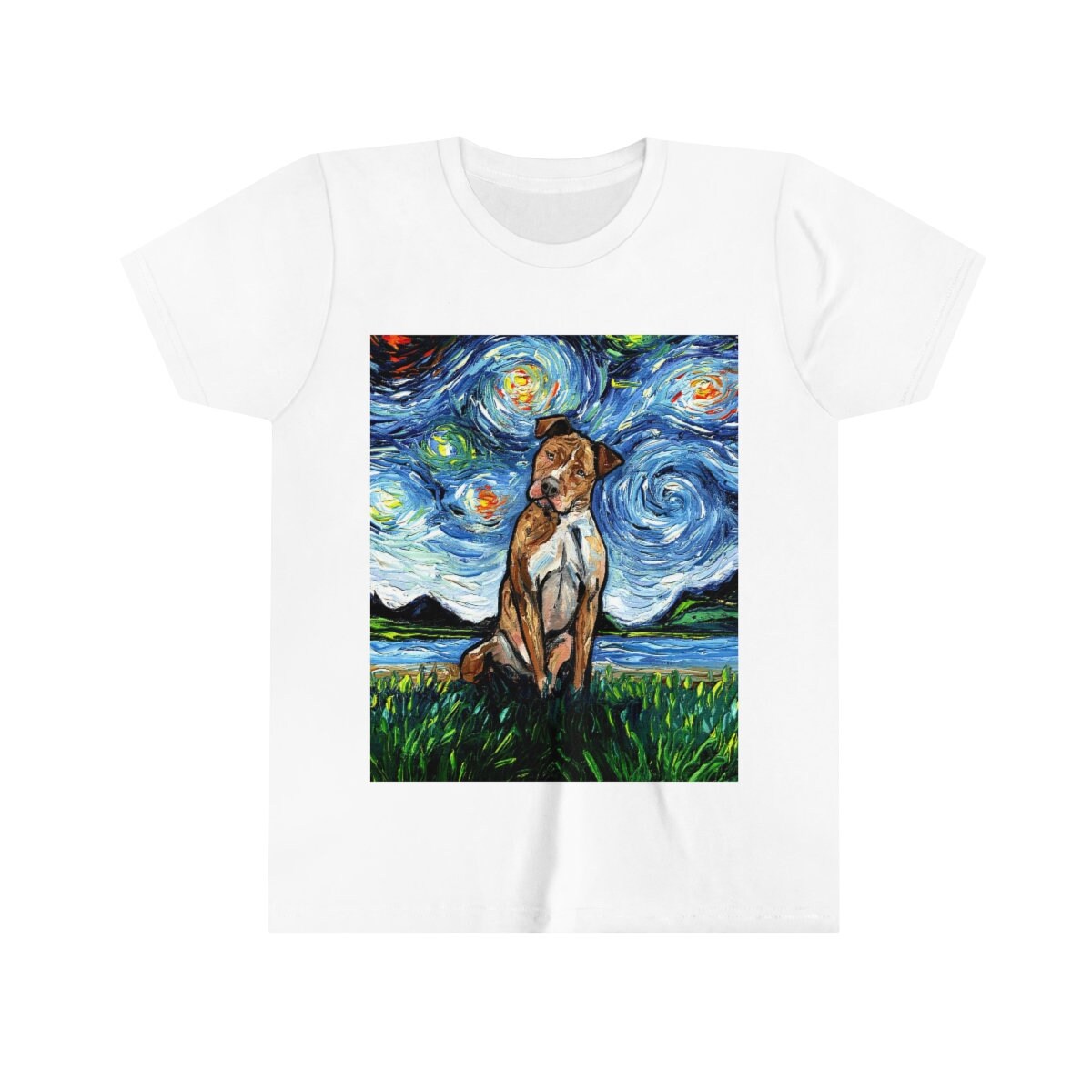 Youth Short Sleeve Tee  Brown Pitbull Starry Night Dog Kids Child ShortSleeve Art by Aja Soft top clothing Apparel