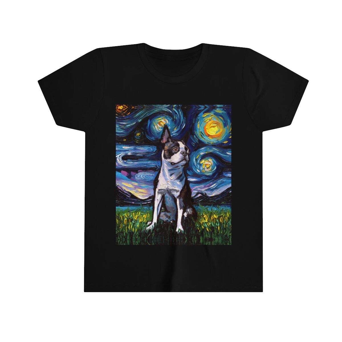 Kids Short Sleeve Shirt Boston Terrier Youth Tee Starry Night Childs TShirt Dog Art Clothing Colorful Pet Children's Apparel Dog Lover Gift