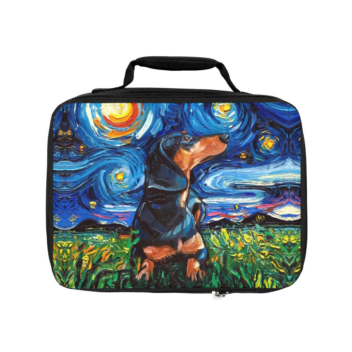 Lunch Bag  Black and Tan Dachshund Doxie Starry Night Dog 9.5x7x2.8 inches Art by Aja