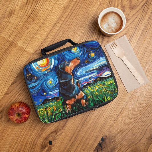 Lunch Bag  Black and Tan Dachshund Doxie Starry Night Dog 9.5x7x2.8 inches Art by Aja
