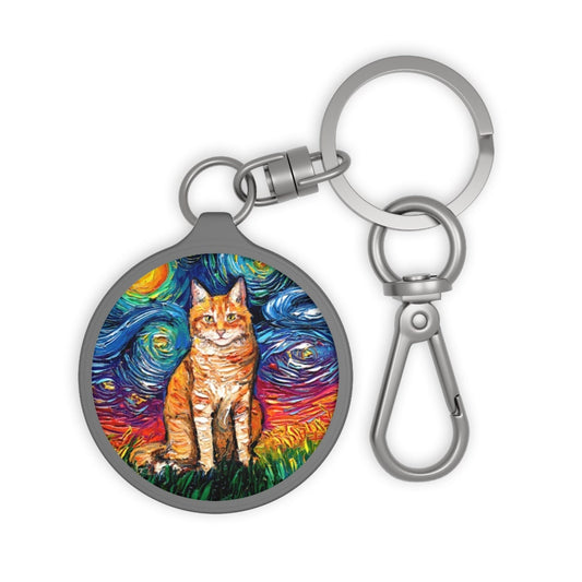 Keychain - Seated Orange Tabby Cat Starry Night Key Chain Key ring tag, School Bag Tag Tiger Cat Charm Art by Aja