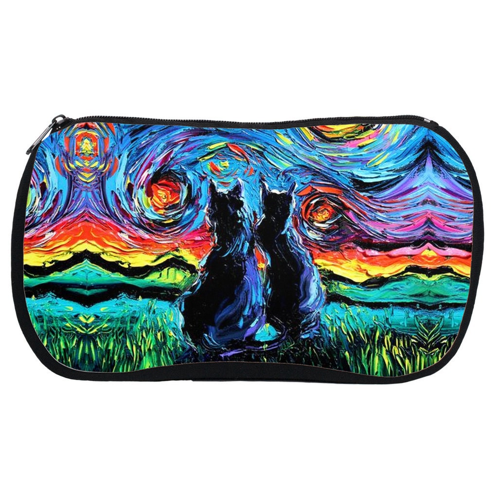 Black Cats Starry Night Art Cosmetic Bag Neoprene Rubber Colorful Makeup Pouch Travel Bag Art By Aja Artwork Gift